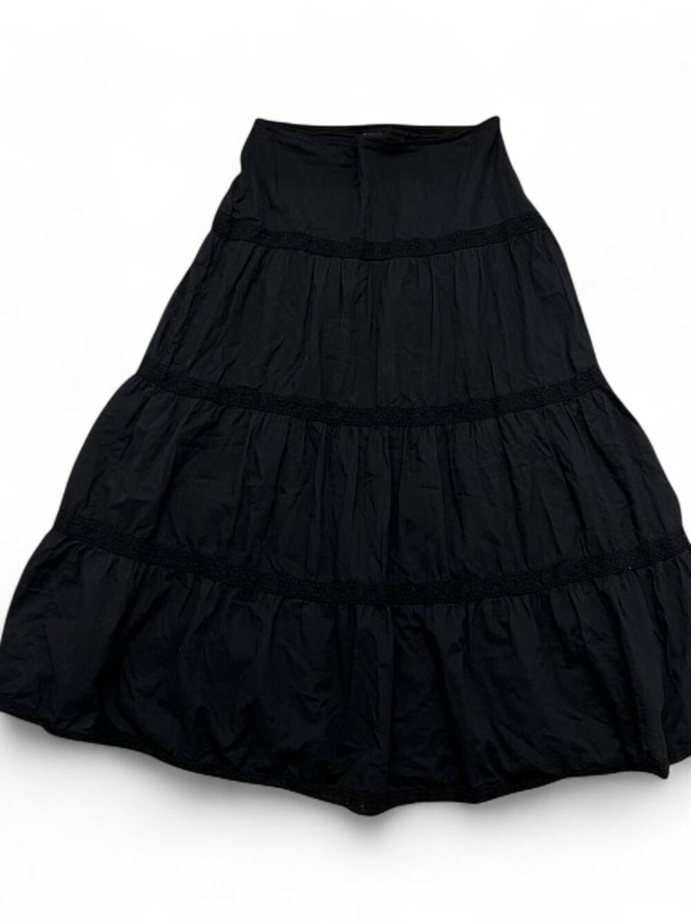 Minga London Black 100% Cotton Tiered Midi Maxi Skirt Lace Trim, Size Small